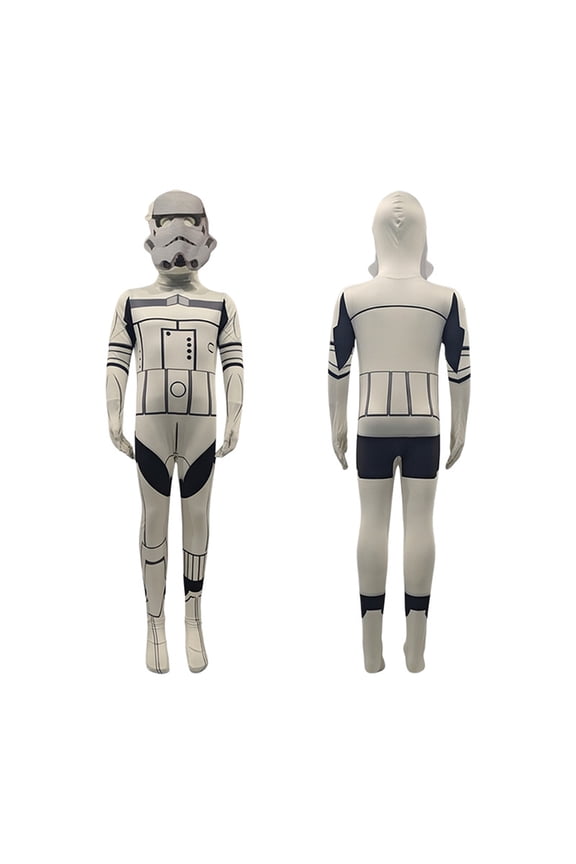2Pcs Halloween Space Outfit, Star Villain Role Play Wear, Star Villain Zentai Suit, White Armor Trooper Full Body Zentai Cosplay Jumpsuit With Printed Head Mask-Bodysuit+Mask, 140