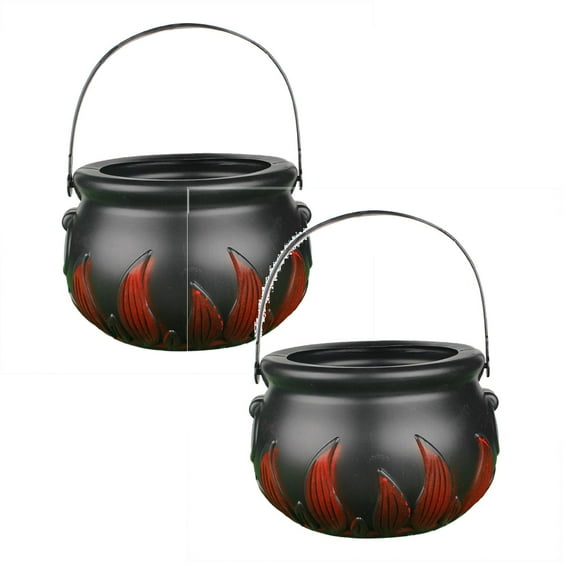 2Pcs Halloween Witch Cauldron Handheld Flame Barrel Black Cauldron Halloween Candy Buckets Candy Holder Pot With Handle For Halloween Party Decorations Desktop Ornament