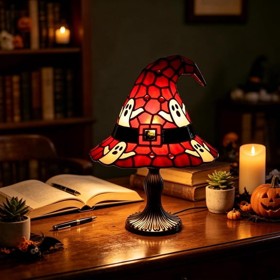 2Pcs Halloween Witch Hat Lamp Halloween Stained Resin Table Lamp Night Light for Bedroom, Mantel, Bookshelf, Entryway, Halloween Party and Witchy Room Decor C 6.88in