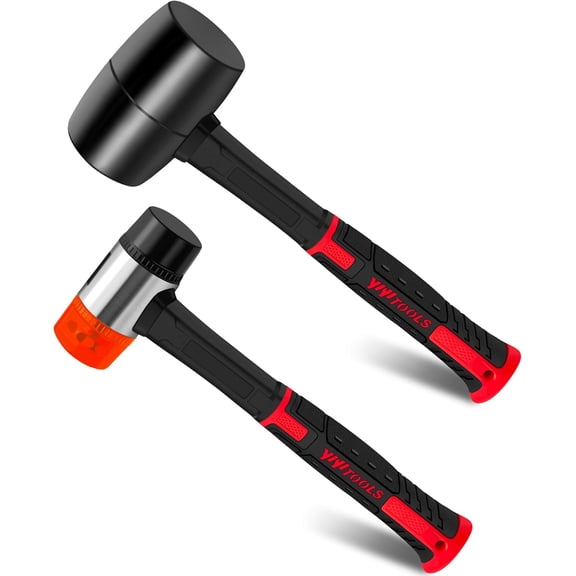2Pcs Hammer Set, 16oz Rubber Mallet Hammer and 40mm Double-Faced Soft Hammer, Solid Head, Fiberglass Handle, Ergonomic Grip, 2-Piece Rubber Mallet Set for Flooring,Tent,Woodworking,Camping
