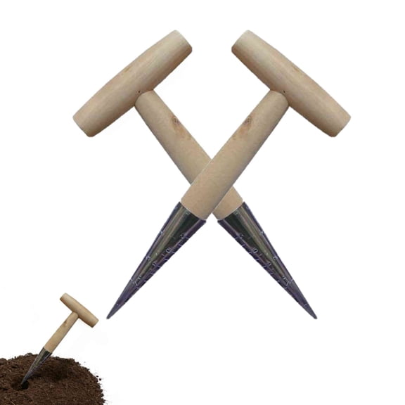 2Pcs Hand Dibber with Wood Handle, Stainless Steel Sow Dibbler, Garden Hole Punch Dibbler Tool for Planting Seeds & Bulbs