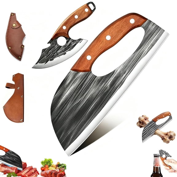 2Pcs Hand Forged Kitchen Knife,Chef's Knife & Cleaver Set With Leather Sheath,Anti-Slip Wood Comfort Grip Finger Hole Design for Effortless Cutting Frozen Meat Vegetables