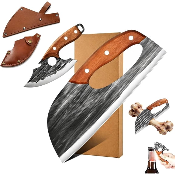 2Pcs Hand Forged Kitchen Knife, Premium Hand-Forged Chef's Knife & Cleaver Set With Leather Sheath, Professional Knives for Kitchen for Household Cooking, Meat Cutting, Outdoor BBQ & Camping