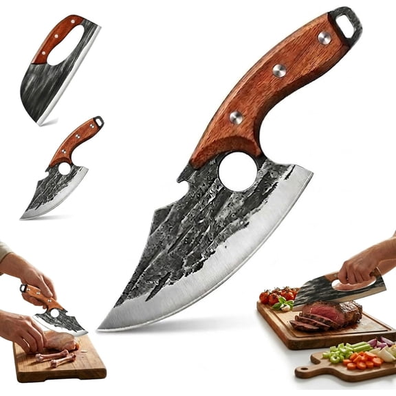 2Pcs Hand Forged Kitchen Knife, Premium Hand-Forged Chef's Knife & Cleaver Set, Sharp Carbon Steel Cooking Viking for Kitchen, Outdoor Cooking, Meat, BBQ, Camping (#A)
