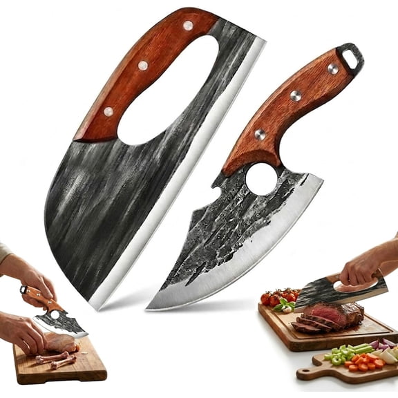 2Pcs Hand Forged Kitchen Knife, Premium Hand-Forged Chef's Knife & Cleaver Set, Sharp Carbon Steel Cooking Viking for Kitchen, Outdoor Cooking, Meat, BBQ, Camping (#A+#B)