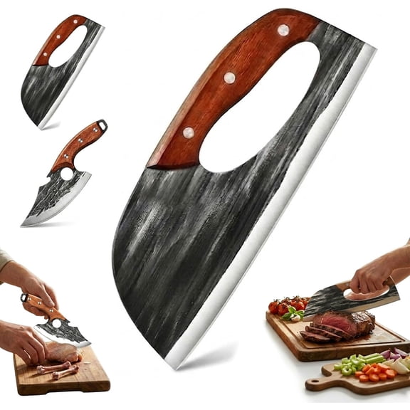 2Pcs Hand Forged Kitchen Knife, Premium Hand-Forged Chef's Knife & Cleaver Set, Sharp Carbon Steel Cooking Viking for Kitchen, Outdoor Cooking, Meat, BBQ, Camping (#B)
