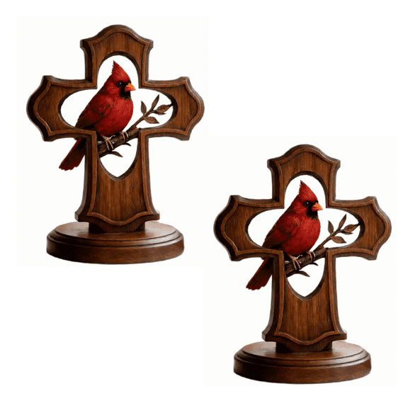 2Pcs Handcrafted Cardinal Cross Ornament,Crimson Hue Wooden Memorial Ornament Cardinal Gifts Religious Faith Home Decor