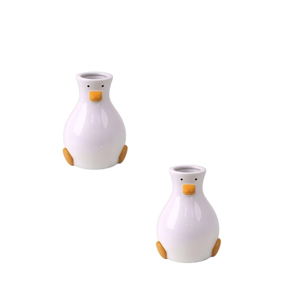 2Pcs Handcrafted Ceramic Duck Vase - White Modern Flower Vase with Unique Duck Design - Round Aesthetic Table Decor - Funky and Trendy Art Vase