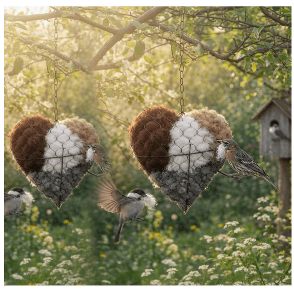 2Pcs Handmade Fiber Bird Nesting Heart, Refillable Birds Haven Heart Shape Hummingbird Nesting, Winter Fowl Gifts Animal Hummingbirds Lovers Home Garden Yard