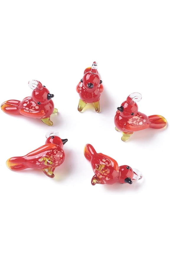 2Pcs Handmade Lampwork Red Little Bird Pendants 28x12x26mm Red Flame Bird Beads Charms with 3mm Hole Ideal