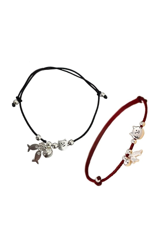 2Pcs Handmade Matching Cats Fish Charm Bracelets Black Red Braided Cord Jewelry Braided Wristband Gift For Her Him