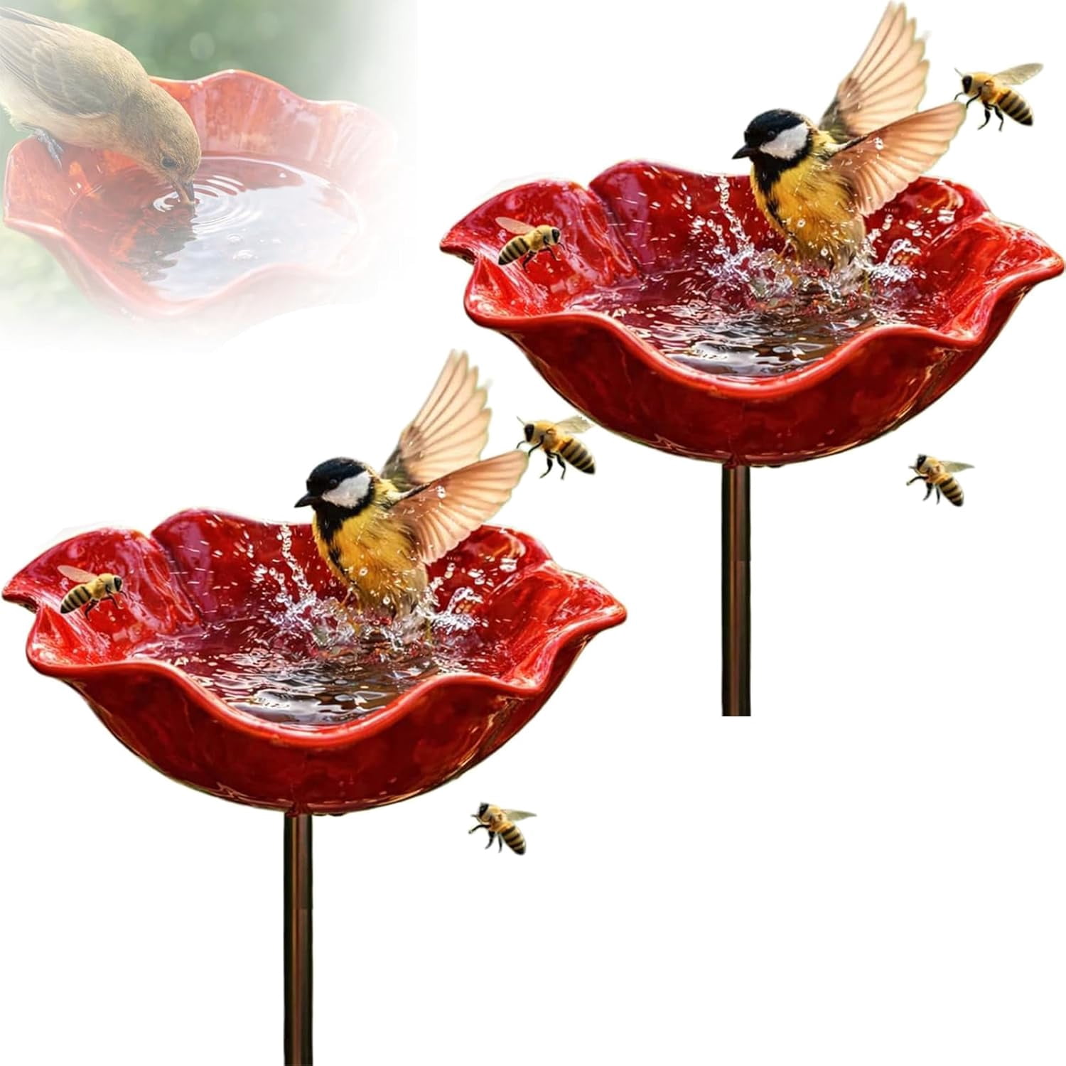 2Pcs Handmade Metal Flower Garden Stake Bird Bee Bath Butterfly Watering Station Pollinator Feeder Bowl Hummingbird Drinking Yard Decor Creative Shaped Colorful Plant Standing Sculptures Outside,Red