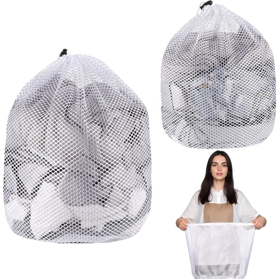 2Pcs Handy Laundry Mesh Laundry Bag,31.5x23.6In White Drawstring Garment Bags for Laundry Storage for Home,Dorm,Hotel,Travel Use