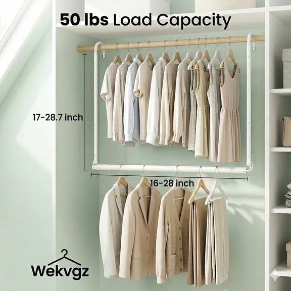 2pcs Closet Extender Hanging Rod, Adjustable Height & Length, 50 lbs Heavy Duty Stainless Steel Double Closet Organizer, No Drill, White by Wekvgz