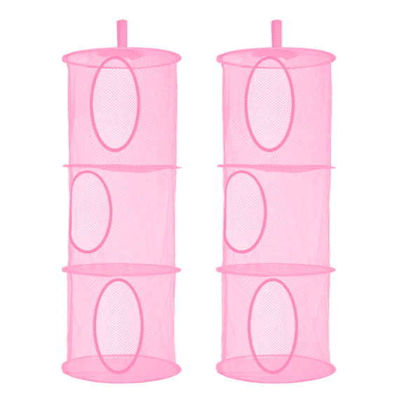 2Pcs Hanging Mesh Stuffed Animal Storage Hammock Net, Foldable Toy Storage Organizer 3 Compartments Net for Stuffed Animals Corner Pink