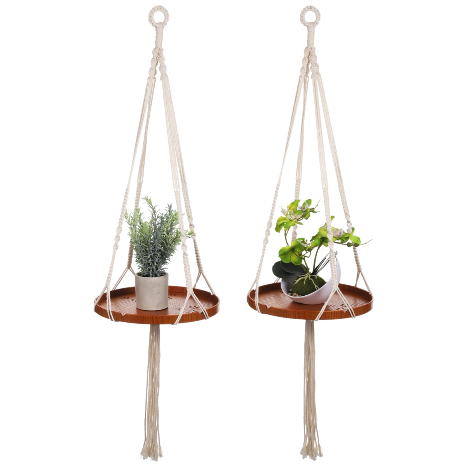 2Pcs Hanging Plant Holders, Macrame Plant Hangers with Wood Tray, Cotton Hanging Planter Shelves, Plant Display Holders for Living Room, Bedroom, Kitchen