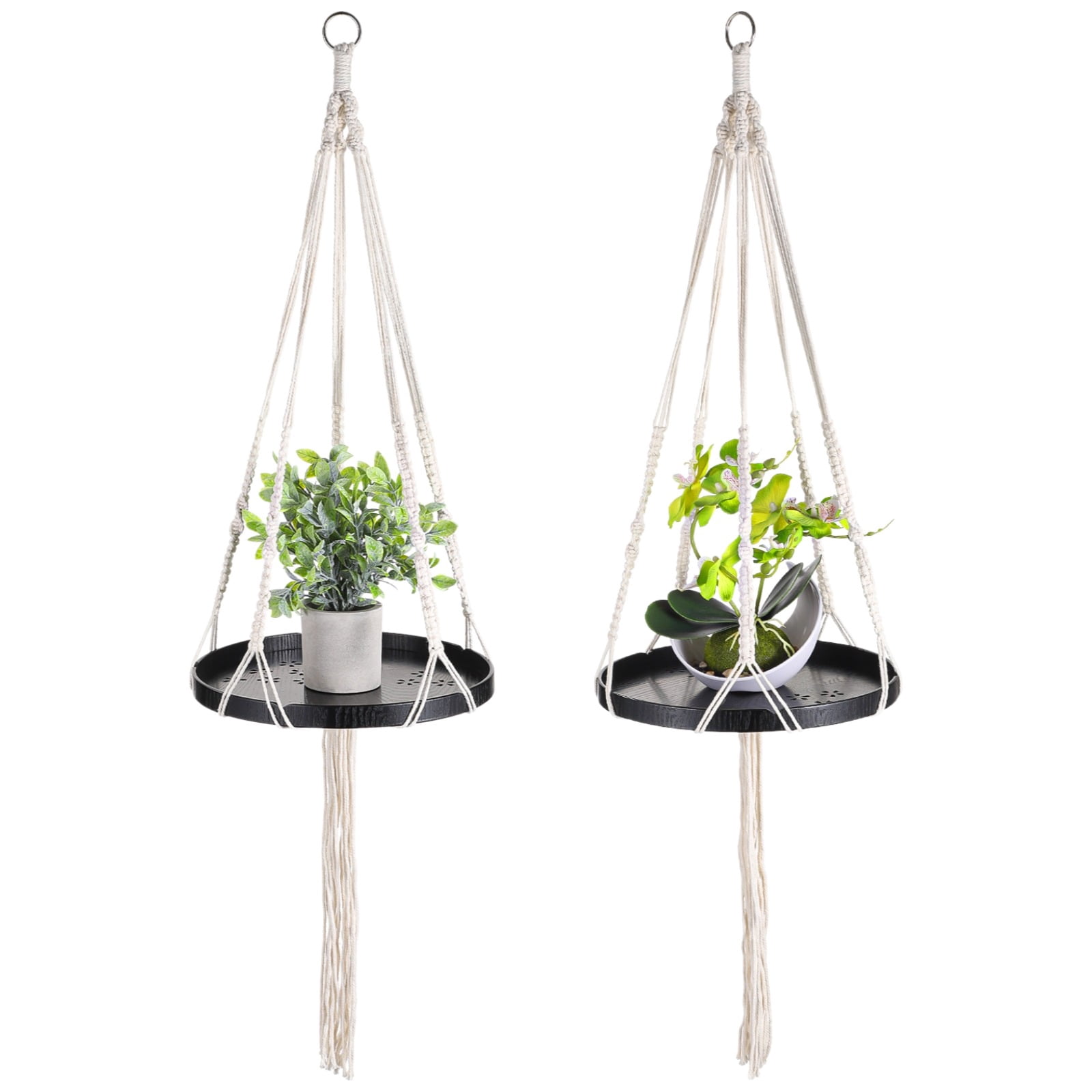 2Pcs Hanging Plant Holders, Macrame Plant Hangers with Wood Tray, Cotton Hanging Planter Shelves, Plant Display Holders for Living Room, Bedroom, Kitchen