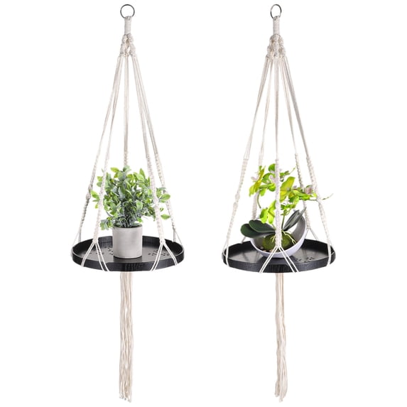 2Pcs Hanging Plant Holders, Macrame Plant Hangers with Wood Tray, Cotton Hanging Planter Shelves, Plant Display Holders for Living Room, Bedroom, Kitchen