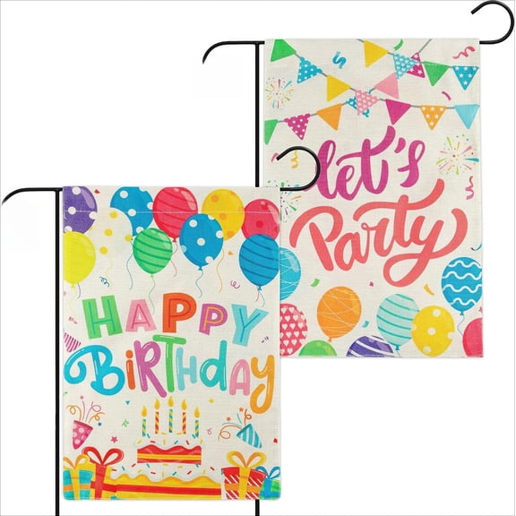 2Pcs Happy Birthday Garden Flags Lets Party Burlap Yard Signs Vertical Double Sided Readable Birthday Cake Banner Poster Party Decorations Supplies for Indoor Outdoor Lawn 12x18 Inch