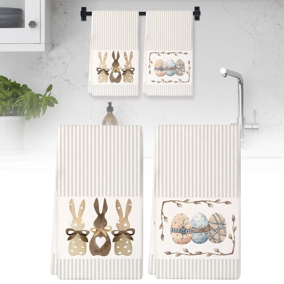 2Pcs Happy Easter Dish Towels Set 15.7"x23.6" Rabbit Eggs Tulip Baking Cooking Cloth Absorbent Decorative Drying Hand Towels for Kitchen Holiday Easter Decor(B)