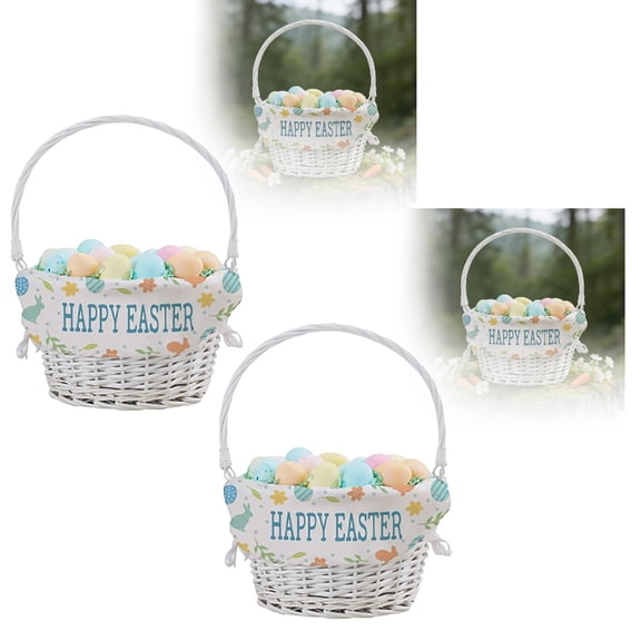 2Pcs Happy Easter Personalized White Easter Basket – Embroidered Easter Flowers Basket Liner – Custom Kids Easter Egg Basket 11.8" X 7.1"