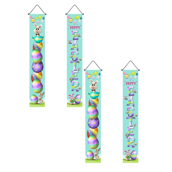 2Pcs Happy Easter Porch Banner Bunny Egg Rabbit Party Front Door Sign Wall Hanging Spring Decorations and Supplies for Home Office Farmhouse Holiday Decor