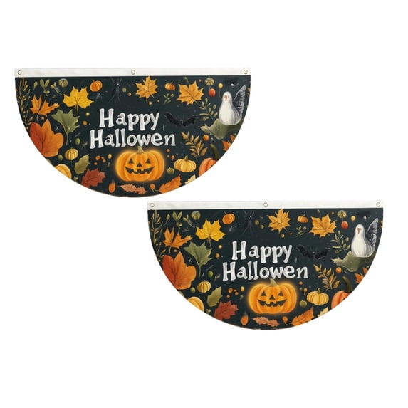 2Pcs Happy Halloween Half Circle Bunting Flag 35.4"X17.7", Fan Shape Half Fan Banner, Fade Resistant, Indoor Outdoor Porch Fence Yard Wall Garden Decor