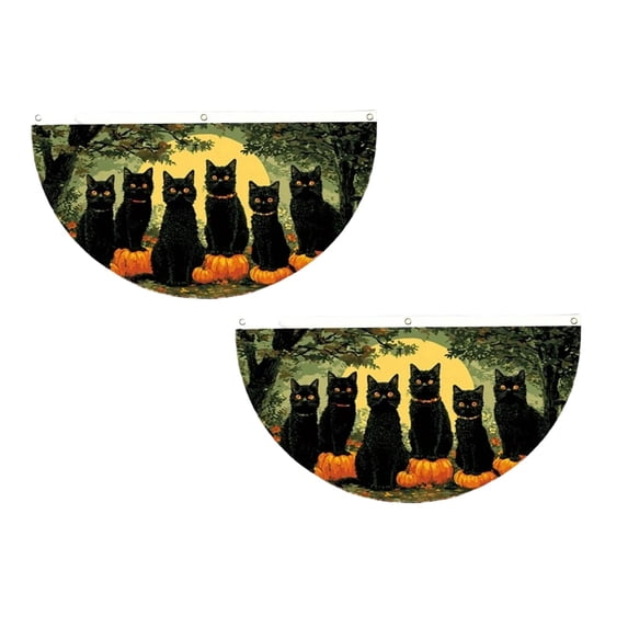 2Pcs Happy Halloween Half Circle Bunting Flag 35.4"X17.7", Fan Shape Half Fan Banner, Fade Resistant, Indoor Outdoor Porch Fence Yard Wall Garden Decor