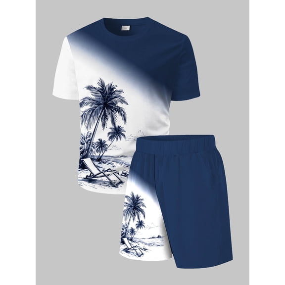 2Pcs Hawaiian Style Shorts Set For 13Y,14Y,15Y,16Y Teen Boys Beach Palm Tree Pattern Round Neck T-shirt and Sports Shorts Clothes Navy Blue