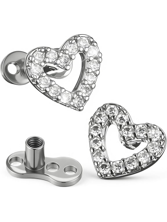 2Pcs Heart Dermal Jewelry Tops 14G Cubic Zirconia Dermal Piercing 316l Surgical Steel Fake Dermals Piercing Internally Threaded Studs for Women Men
