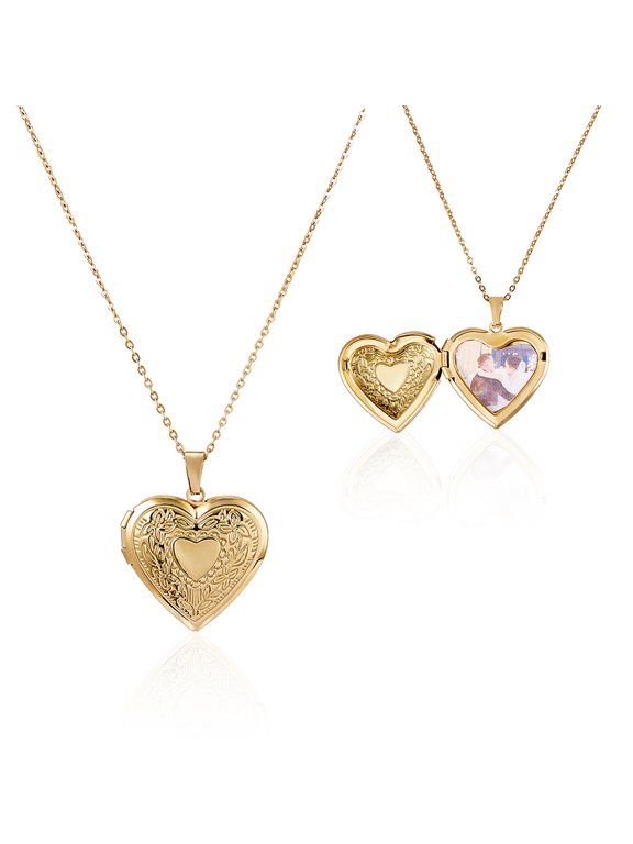 2Pcs Heart Locket Necklace 17.72 Inch Stainless Steel Photo Necklace Pictures Pendant Necklaces Love Image Locket Necklaces for Women Ladies Gifts