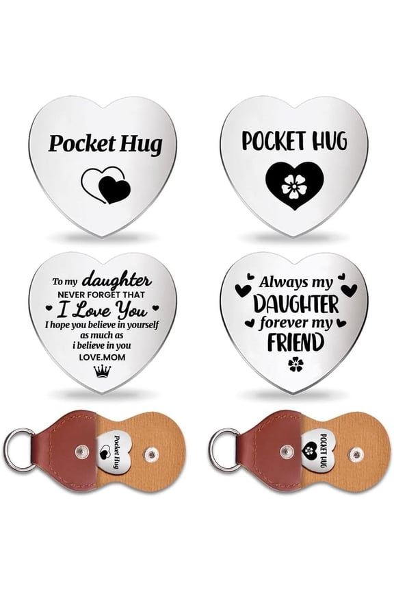 2Pcs Heart Pocket Hug Token to Daughter with Key Chains Long Distance Relationship Keepsake Double Sided Engraved Metal Coin Souvenir Pocket Hug Coin