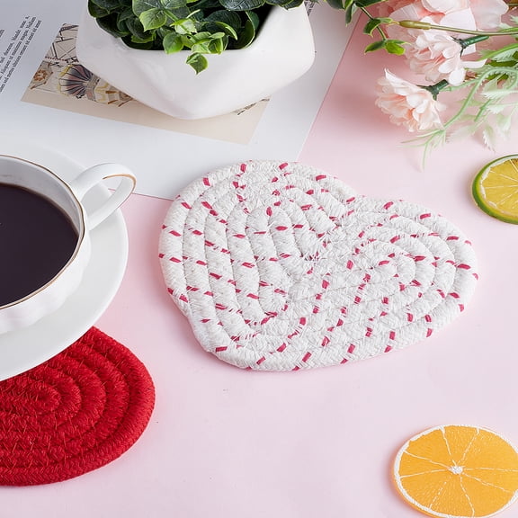 2Pcs Heart Pot Mats Mixed Color Cup Mats Handmade Weave Cotton Drink Coasters for Home Decor Tabletop Protection House Warming Gifts 114~117x130~135x7x7~7.5mm DIY
