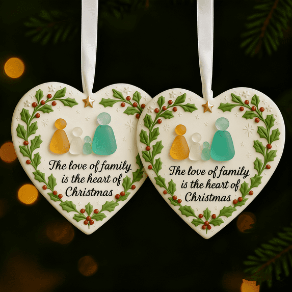 2Pcs Heart-shaped Ocean Glass Christmas Hanging Decoration Heart-shaped Pendant Decoration for a Family of Four,Gift for Family,Friends(Not 3D)