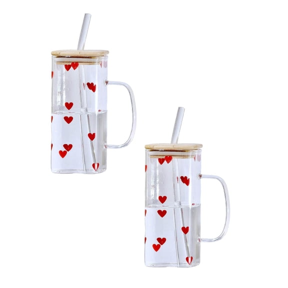 2Pcs Heat Glass Cup With Straw 400ML Suitable For Cold Drinks Juice Milk Including Lid Glass Texture Suitable For Various Beverages Glass&Bottle