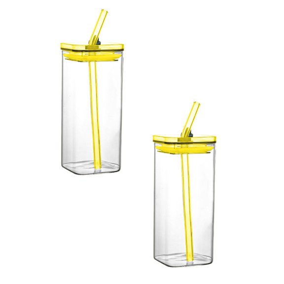 2Pcs Heat Straw Glass Cup 400ML Cold Drink Cup Juice Cup With Lid Milk Cup Glass Texture Suitable For Beverage Use Coffee Cup Glass&Bottle