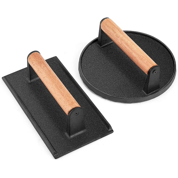 2Pcs Heavy Duty Smash , Round Cast Iron Grill Bacon Press for Griddle Flat Top Grill, Rectangular Hamburger Smasher for Griddle, Steak, Sandwich