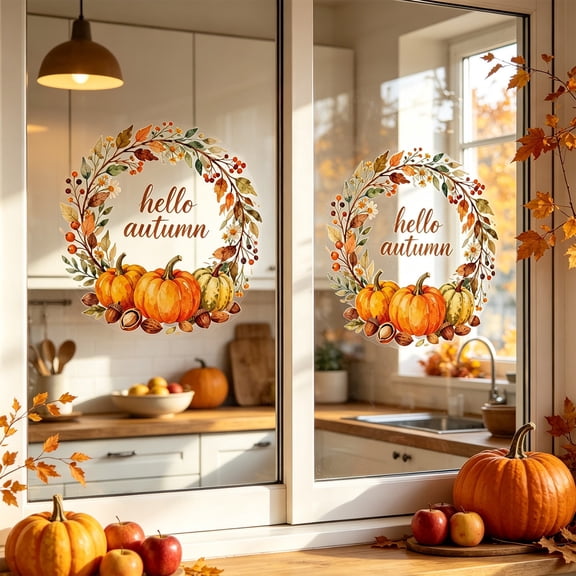 2Pcs Hello Autumn Thanksgiving Waterproof Wall Stickers, Watercolor Pumpkin Wreath Window Decals for Playroom Bedroom Classroom Kindergarten Fall Holiday Decor