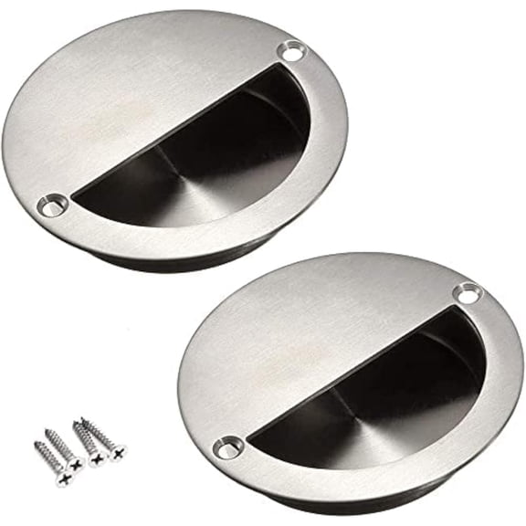 2Pcs Hidden Concealed Recessed Sliding Door Pull Handles, Stainless Steel Round Flush Cabinet Finger Pulls Inset with Screws (90mm/3.54in Dia)