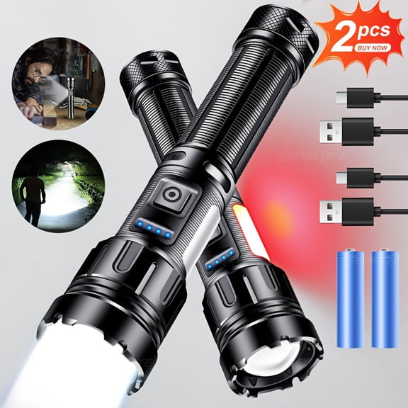 2Pcs High Lumens Rechargeable LED Aluminum Flashlights, 7 Lighting Modes, Includes 2600mAh 18650 Battery, for Home, Camping, Hiking Emergency Use