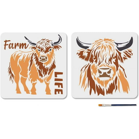 2Pcs Highland Cattle Stencils Farm Animal Highland Cow Head Stencils 11.811.8inch Reusable Farm Life Farmhouse Templates with Paint Brush for Wood Wall Window DIY Craft