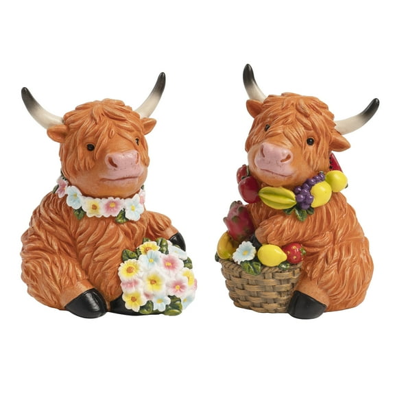 2Pcs Highland Cow Figurine Decor, Resin Highland Cow Gifts for Thanksgiving, Scottish Home Kitchen Table Tiered Tray Statue Decoration