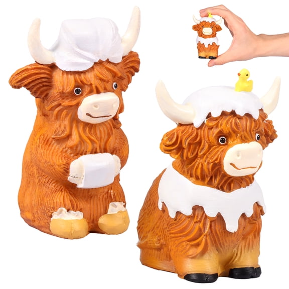 2Pcs Highland Cow Resin Statue Decor Highland Cow Ornament Gnome Figurine for Bathroom Kitchen and Office Desk
