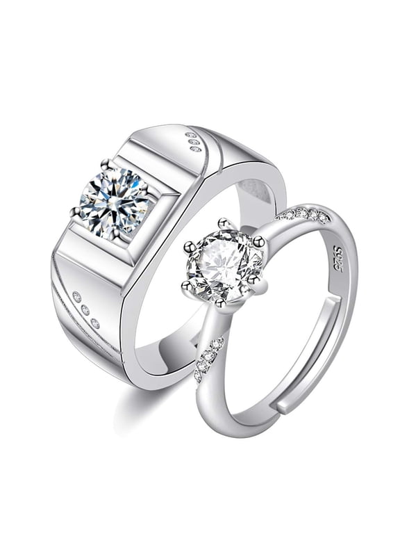 2Pcs His and Hers Wedding Rings Set Simulated Diamond Solitaire Engagement Promise Ring and Wedding Bands Set for Couples Y848-Silver
