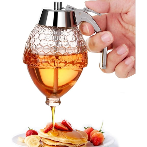 2Pcs Honey Dispenser 8oz Honey Dispenser No Drip Glass with Stand Honey Container & Coffee Syrup Dispenser for Tea Time & Gifting Elegant Honeycomb Honey Jar - Honey Pot Bottle for Maple Syrup Bee