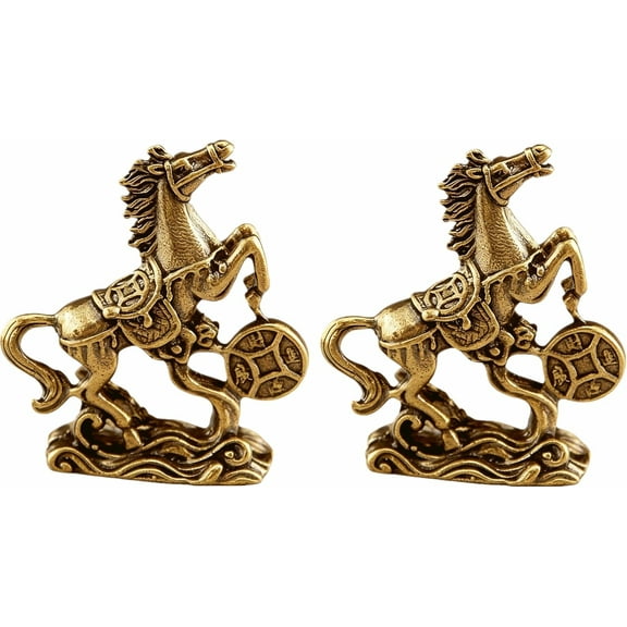 2Pcs Horse Statues Feng Shui 2026 Year of Horse Tabletop Brass Ornaments for Chinese New Year Blessing Souvenir Spring Festival Zodiac Copper Crafts Home Room Office Decoration
