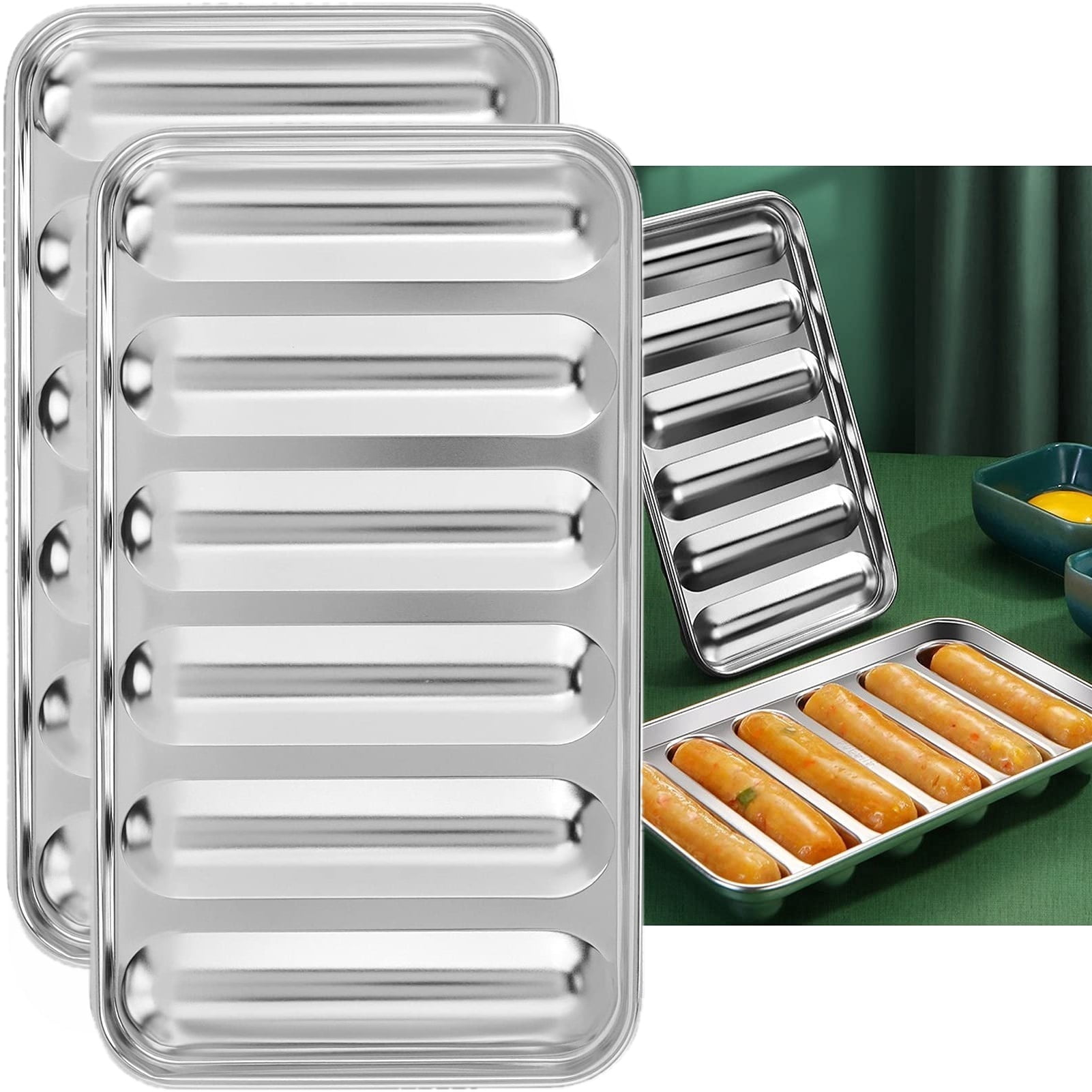 2Pcs Hot Dog Bun Pan, Stainless Steel Sausage Mold Baking Bread Pan ...