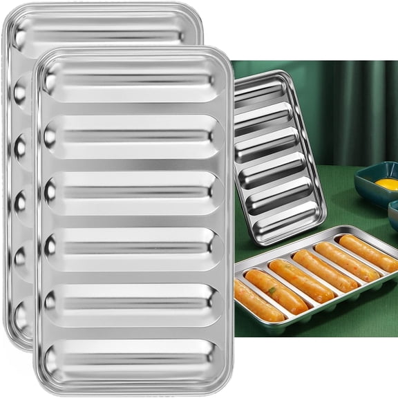 2Pcs Hot Dog Bun Pan, Stainless Steel Sausage Mold Baking Bread Pan Homemade Hot Dog Mold for Oven Steamer and Microwave, Silver