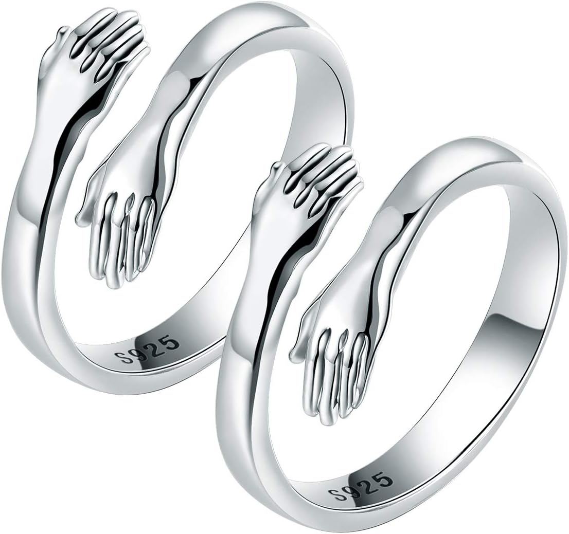 2 Anelli Abbraccio "Love Hug" In Argento 925 - Regolabili, Unisex, Gioielli A Forma Di Braccia - Idea Regalo In Confezione