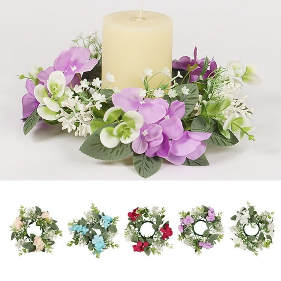 2Pcs Hydrangea Candle Rings Wreaths, Artificial Eucalyptus Leaves Wreath Small Boho Wreath Pillar Candleholders for Wedding Home Tabletop Decor, 10 Inch